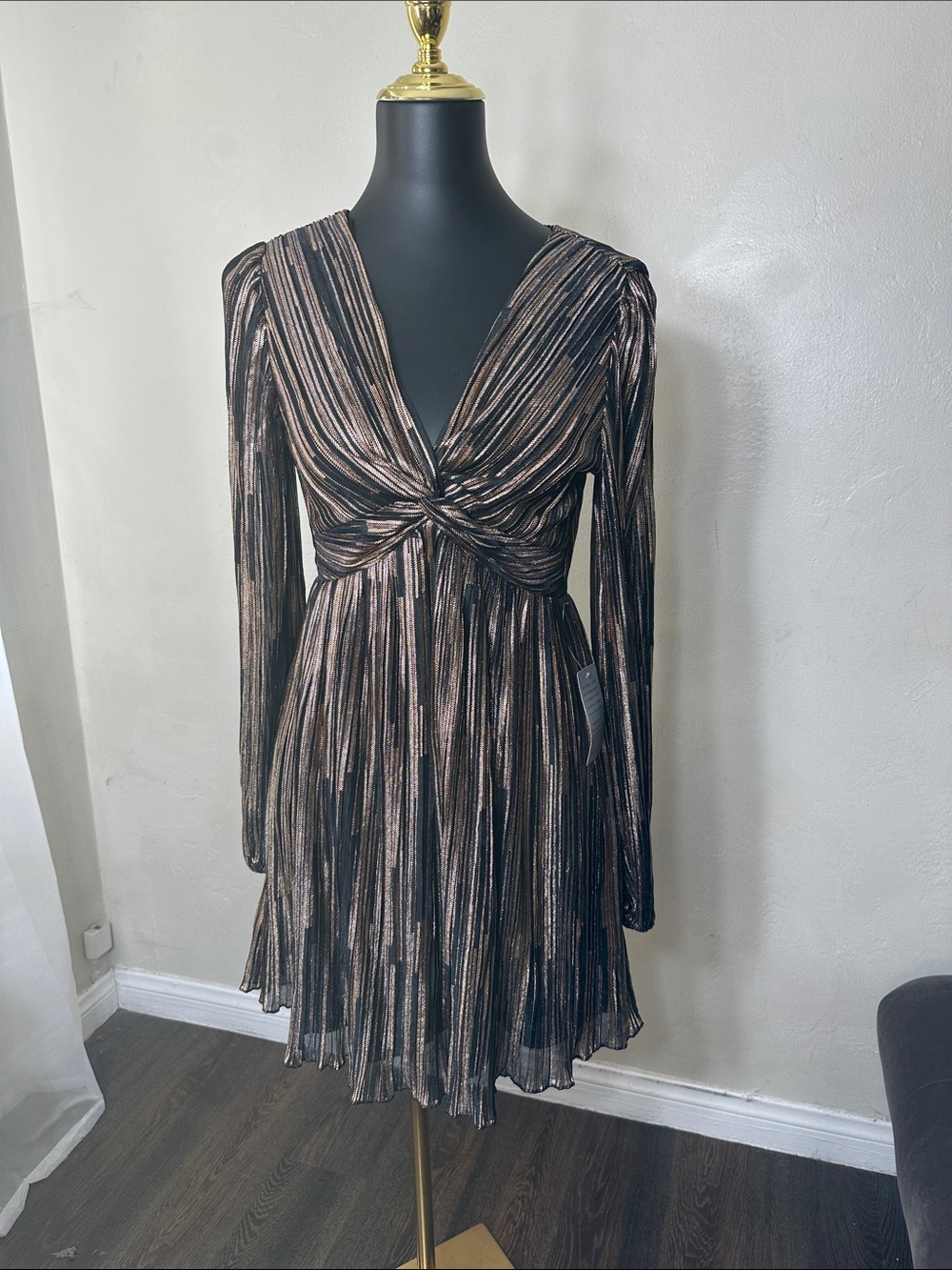 Lush Black and Bronze Metallic Twist-Front Long Sleeve Dress